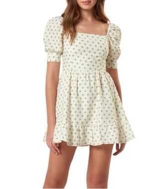 Charlie Holiday Polka Dot Dress Linen Cotton Puff Sleeves White Green Sz Small